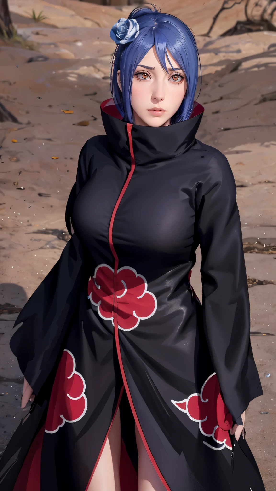 （（（akatsuki outfit，Xiao clothing, ninja, black cloak,black coat, （（（danya，konan \(naruto\),konan, blue hair, Orange pupils, short hair, hair ornament, flower, hair flower, ））），（（（wide hips））），S-shaped body:1.7））），((masterpiece)),high resolution, ((Best quality at best))，masterpiece，quality，Best quality，（（（ Exquisite facial features，looking at the audience,There is light in the eyes，shy，blush，pain，endure ））），（（（Light and shadow interlace，super gigantic ，cleavage））），（（（looking into camera，from above，looking down，抬头looking into camera，white paper airplane，white paper，Hands hidden in sleeves）））