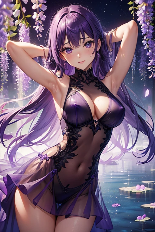 {{{{masterpiece}}}}, {{{super detailed}}}, {{{High resolution}}}, {{excellent anatomy}}, (((highest quality))), ((very delicate and beautiful)), {{very detailed and delicate}}, {8k cg wallpaper},((detailed background))One female、best style、beautiful woman、The most beautiful woman in the world、Purple flowers are blooming on the purple lake surface, soft purple glow, Purple light, (purple wisteria forest), wisteria season, art, shining purple, Purple petals are dancing everywhere、 The blossoming path to heaven, purple glow、Purple water、purple reflective water surface、purple light、(Sexy sheer dress:1.5),((big breasts))、show through、waterside and wisteria、Detailed design、beautiful design、sexy pose、Sheer skin、shape of nipple