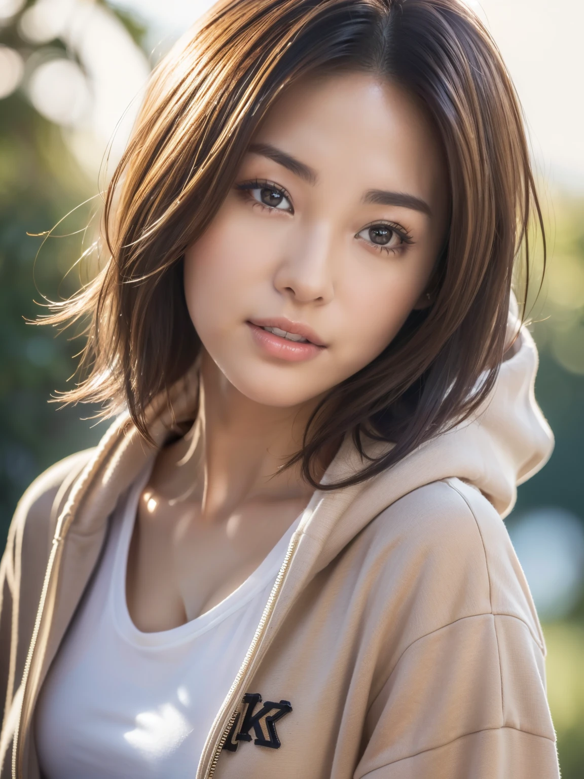 (8k, RAW photo, best quality, masterpiece:1.2), (realistic, photo-realistic:1.4), (extremely detailed 8k wallpaper),
perfect female body, toned, 
famous Japanese idol, 20yo girl, 
Japanese model,
medium short hair, messy hair, light brown hair, 
hoodie, goddess-like happiness,