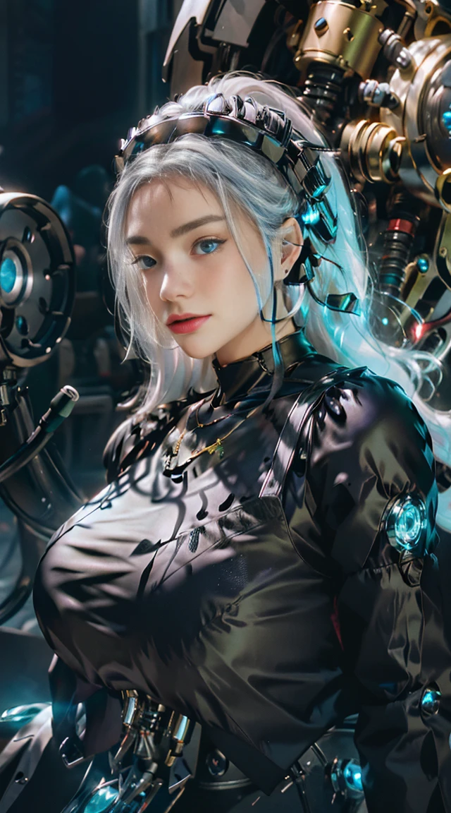 Elegant hair,1girl,solo,close-detail,portraitMechanical Headwear,Look up the lens,white hair,long hair,whole body,mechanical arm,(glow:1.2),earrings,looking at viewer,mechanical necklace,Positive symmetrical composition,blue eyes,Robot Background,Diamond,The background of the huge light engine,mechanical leg,.