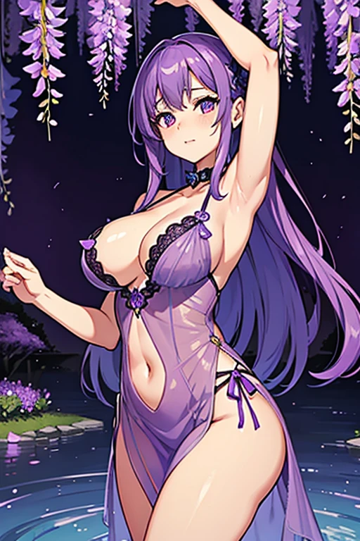 {{{{masterpiece}}}}, {{{super detailed}}}, {{{High resolution}}}, {{excellent anatomy}}, (((highest quality))), ((very delicate and beautiful)), {{very detailed and delicate}}, {8k cg wallpaper},((detailed background))One female、best style、beautiful woman、The most beautiful woman in the world、Purple flowers are blooming on the purple lake surface, soft purple glow, Purple light, (purple wisteria forest), wisteria season, art, shining purple, Purple petals are dancing everywhere、 The blossoming path to heaven, purple glow、Purple water、purple reflective water surface、purple light、(Sexy sheer dress:1.5),((big breasts))、show through、waterside and wisteria、Detailed design、beautiful design、sexy pose、Sheer skin、shape of nipple