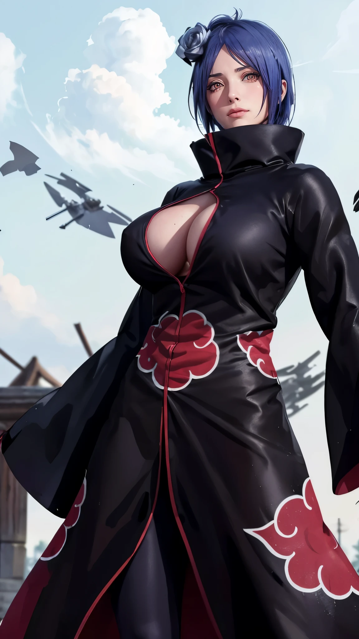 （（（akatsuki outfit，Xiao clothing, ninja, black cloak,black coat, （（（danya，konan \(naruto\),konan, blue hair, Orange pupils, short hair, hair ornament, flower, hair flower, ））），（（（wide hips））），S-shaped body:1.7））），((masterpiece)),high resolution, ((Best quality at best))，masterpiece，quality，Best quality，（（（ Exquisite facial features，looking at the audience,There is light in the eyes，shy，blush，pain，endure ））），（（（Light and shadow interlace，super gigantic ，cleavage））），（（（looking into camera，from above，looking down，抬头looking into camera，white paper airplane，white paper，Hands hidden in sleeves）））