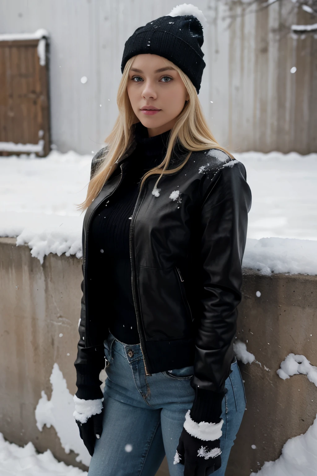 Attractive blonde woman, slim, blond hair, winter, hat, slim, attractive, snow, tight jeans, black jacket, black gloves, white sweater, girl against the background of a wall, sexy style, black jacket, wall in a bacground