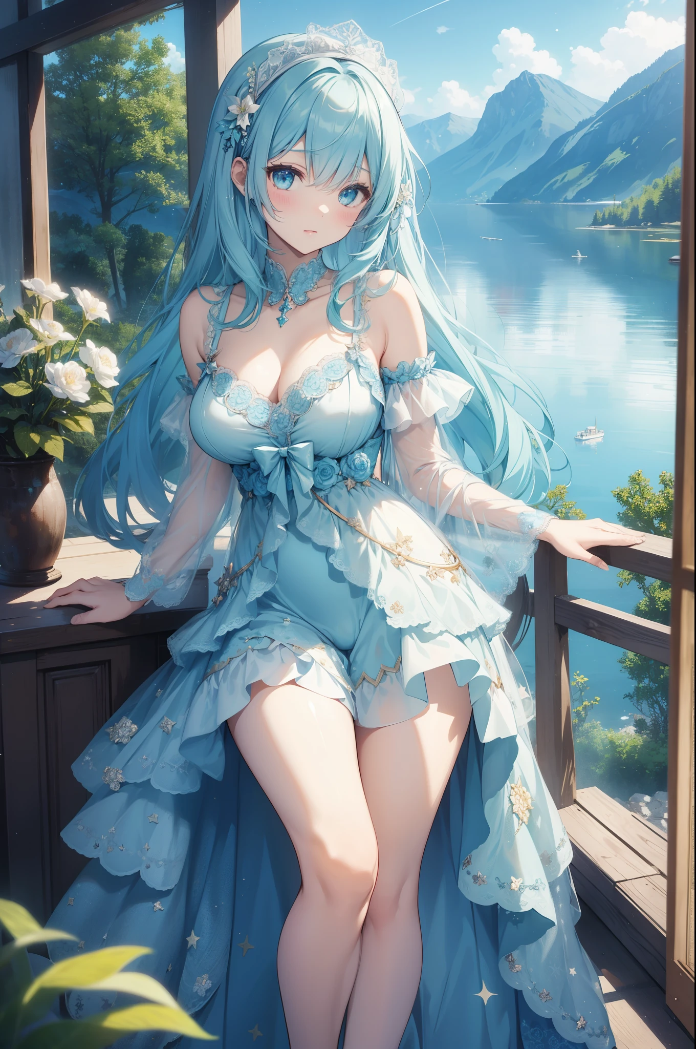 (masterpiece)、(highest quality)、((Super detailed))、(super delicate)、Idol in naughty night dress、light aqua blue hair、beautiful breasts、Thighs、Gorgeous、lake with mountain view、Fantastic starry sky