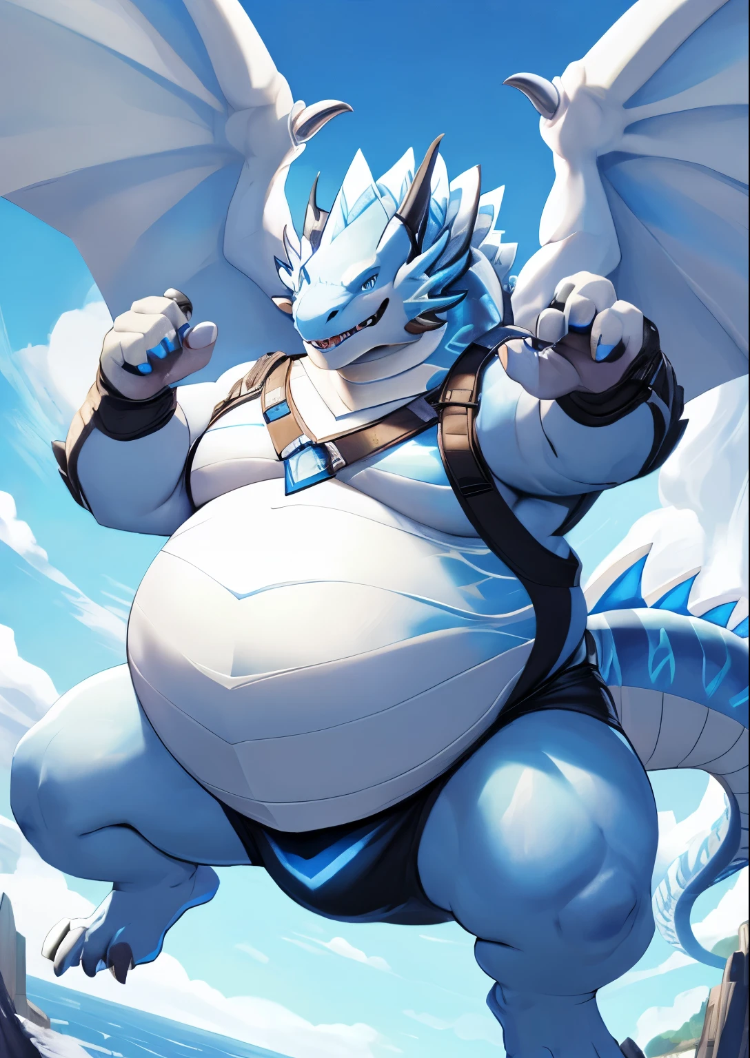 full body character artwork, sexy fat male furry anthropomorphic fat dark fantasy inspired crystal cobalt blue dragon daddy with a jockstrap and big cartoonish eyes, pure black background, male pred, vore, looking at viewer (dark fantasy inspired art by zackary911: 1.4) (big belly: 1.4)
