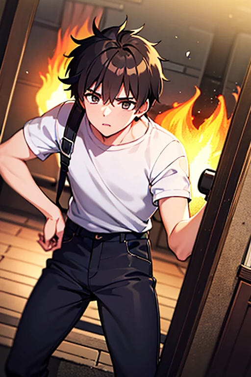 12 year old boy short hair brown hair messy hair brown eyes black clothes navy blue pants firepower
