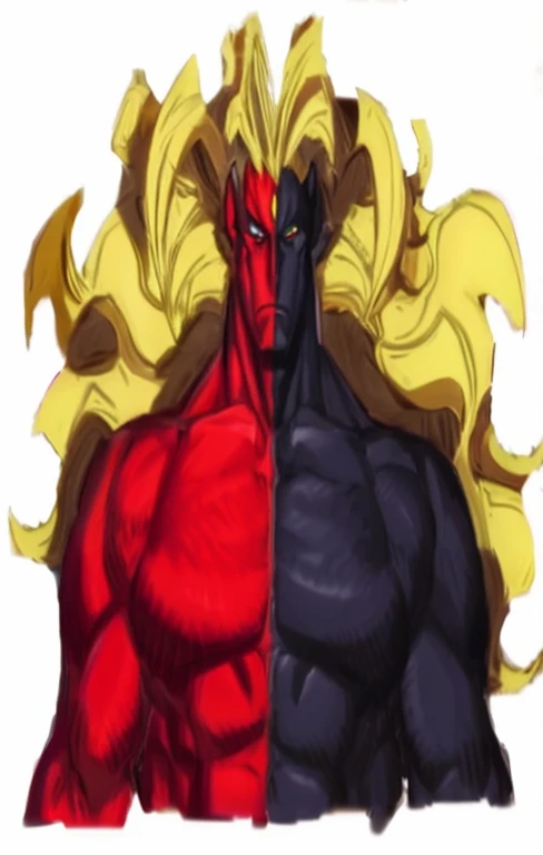 Photo of a red and black superhero wearing a yellow cape, symmetry!! portrait of akuma, software version, human and dragon fusion, god brand, Mudken, devil boxing hero, official artwork, Muscular humanoid balrog demon, Full Body Savage Devilman, Intimidating Pose, male jin male demon hybrid, broly, Fighting game characters