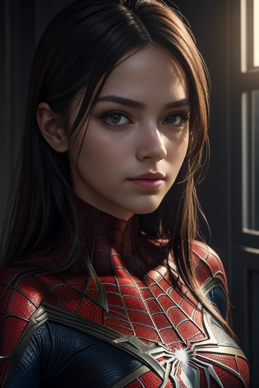 Closeup photo portrait of female Spiderman, atmospheric scene, masterpiece, best quality, (detailed beautiful face, detail skin texture, ultra-detailed body:1.1),