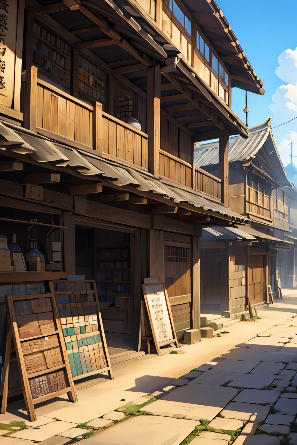 anime highest quality, ancient city, simple buildings, ancient, shops with wooden signs selling potions scrolls