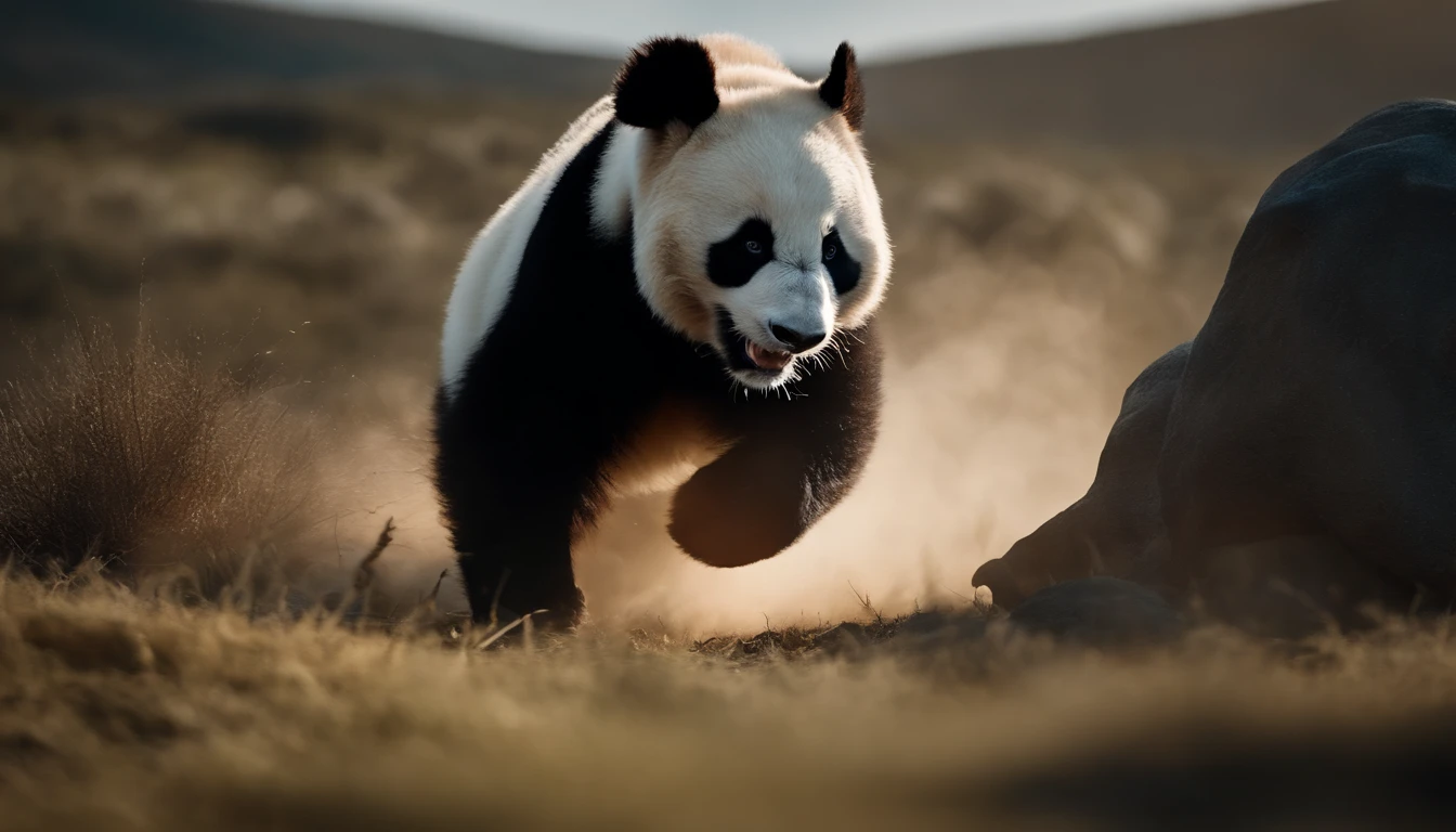 (best quality, 4K, Altas Resolampones, Super detailed),Long-range shooting,looking down,Image of a panda being attacked by a pack of wolves, intense battles, Dusty prehistoric landscape, Realistic shadows, bright colors, (detailed, complex, meticulously made) Panda hair and texture, Panda face expression, (dramatic, Dynamic) lamp, (powerful, Full of energy) posture, (Jumpy, anticipatory) Being in the air,Blood,hunt,defend yourself,life and death battle,grand,high angle shot,panoramic,animal war