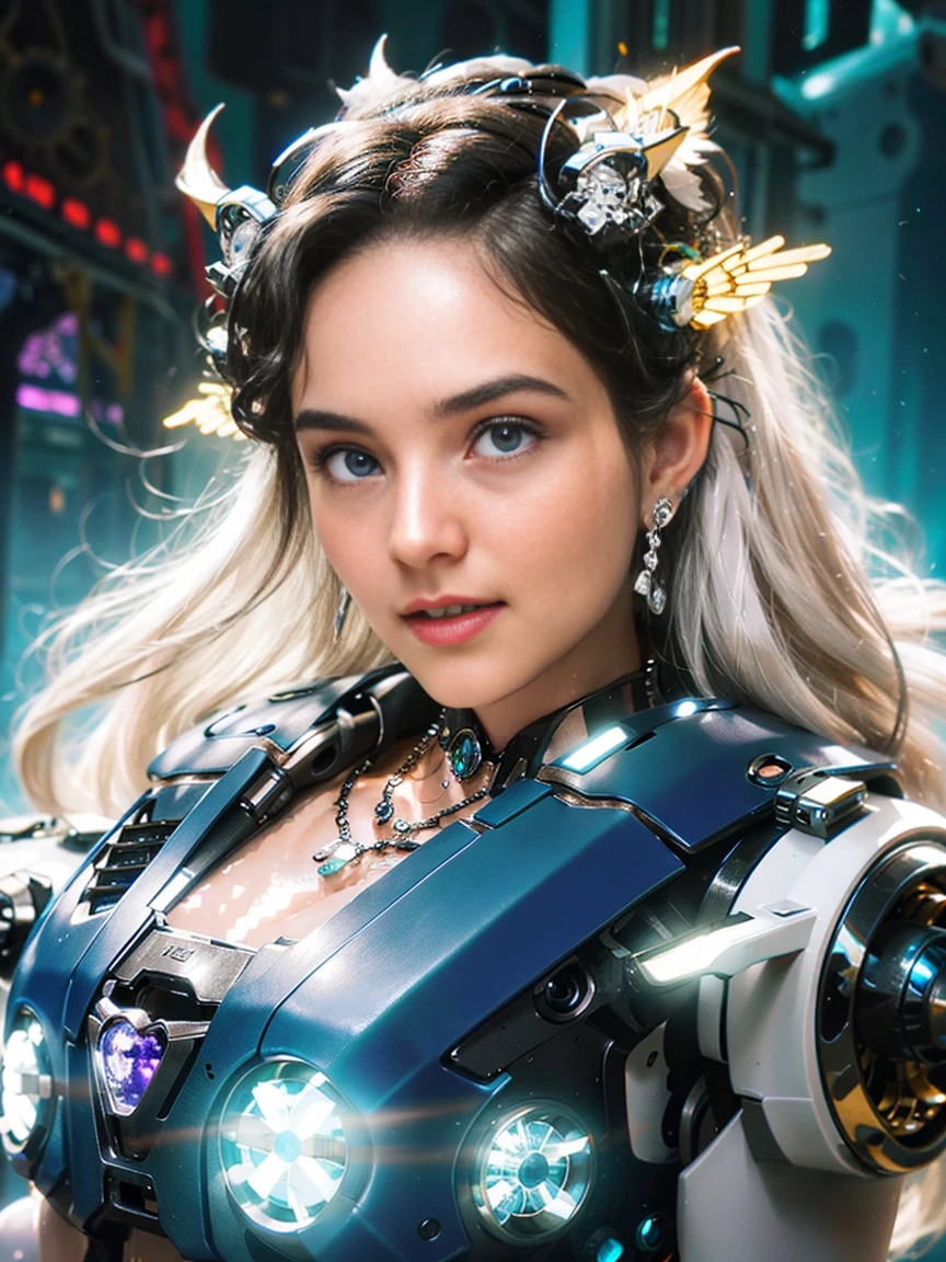 Elegant hair,1girl,solo,close-detail,portraitMechanical Headwear,Look up the lens,white hair,long hair,whole body,mechanical arm,(glow:1.2),earrings,looking at viewer,mechanical necklace,Positive symmetrical composition,blue eyes,Robot Background,Diamond,The background of the huge light engine,mechanical leg,.