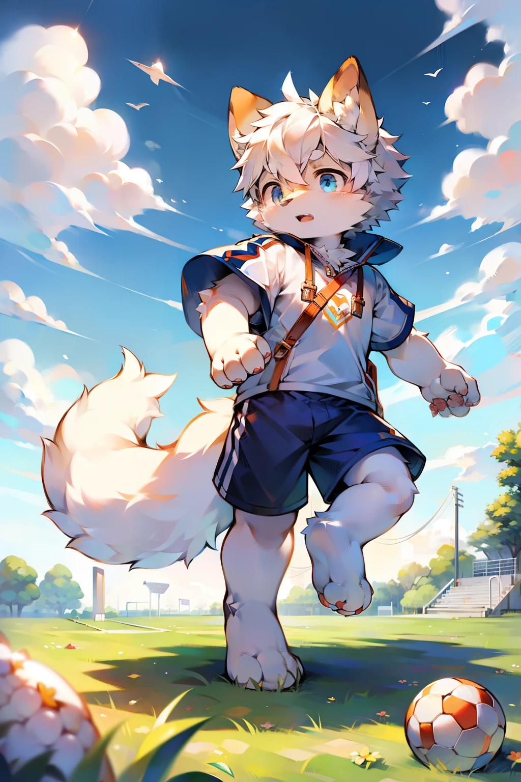 ,14岁,arctifox,shaggy,Animal ear,Animal fur,Hairy all over,Animal paws,large ear,adolable,kawaii,Fluffy tail,White fur,Comic book style,Wearing a Soccer Suit,play soccer,On the football field,Detailed background,with blue sky and white clouds,tmasterpiece,BestWorks,Manhwa Style
