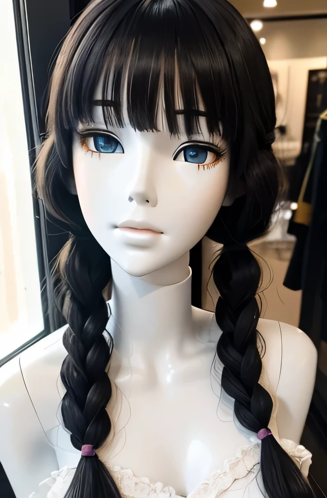 全身mannequinが窓の前でディープキス,そのmannequinは美しいです,あのmannequinは20歳です,mannequinの身長は165cmです,mannequinの色'my face is white.,mannequinの色'The body is pure white.,mannequin has black hair( twin tails,bangs),あのmannequinは顔が細くて小さい.,mannequinの色'lips are light pink.,mannequin'eyes are black.mannequin is wearing a coat.