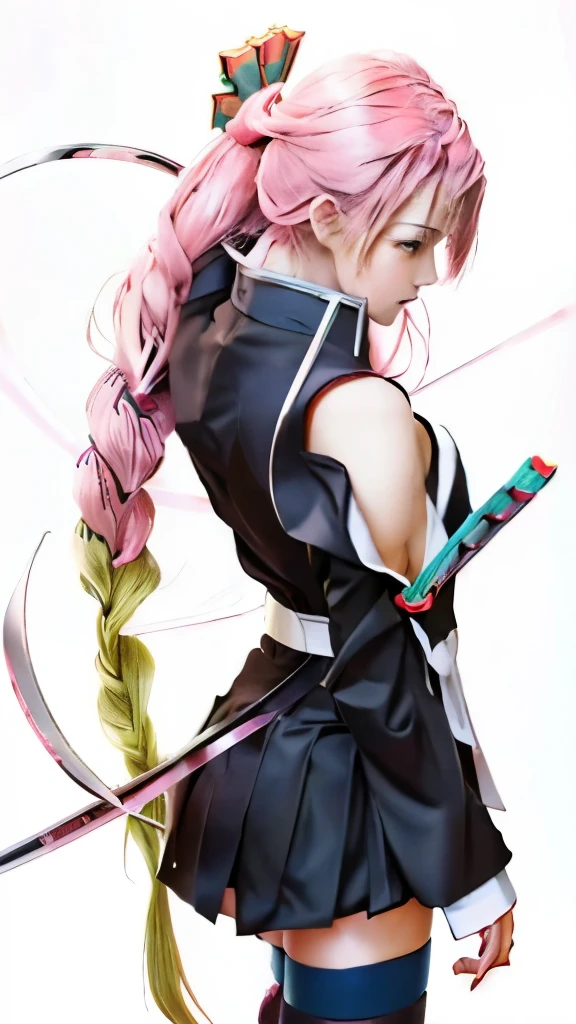 anime girl with pink hair holding a sword and a flower, demon slayer rui fanart, holding a sword on her shoulder, haruno sakura, demon slayer artstyle, she is holding a katana sword, clean detailed anime art, anime girl with a bow and arrow, anime visual of a cute girl, female anime character, beautiful anime art style