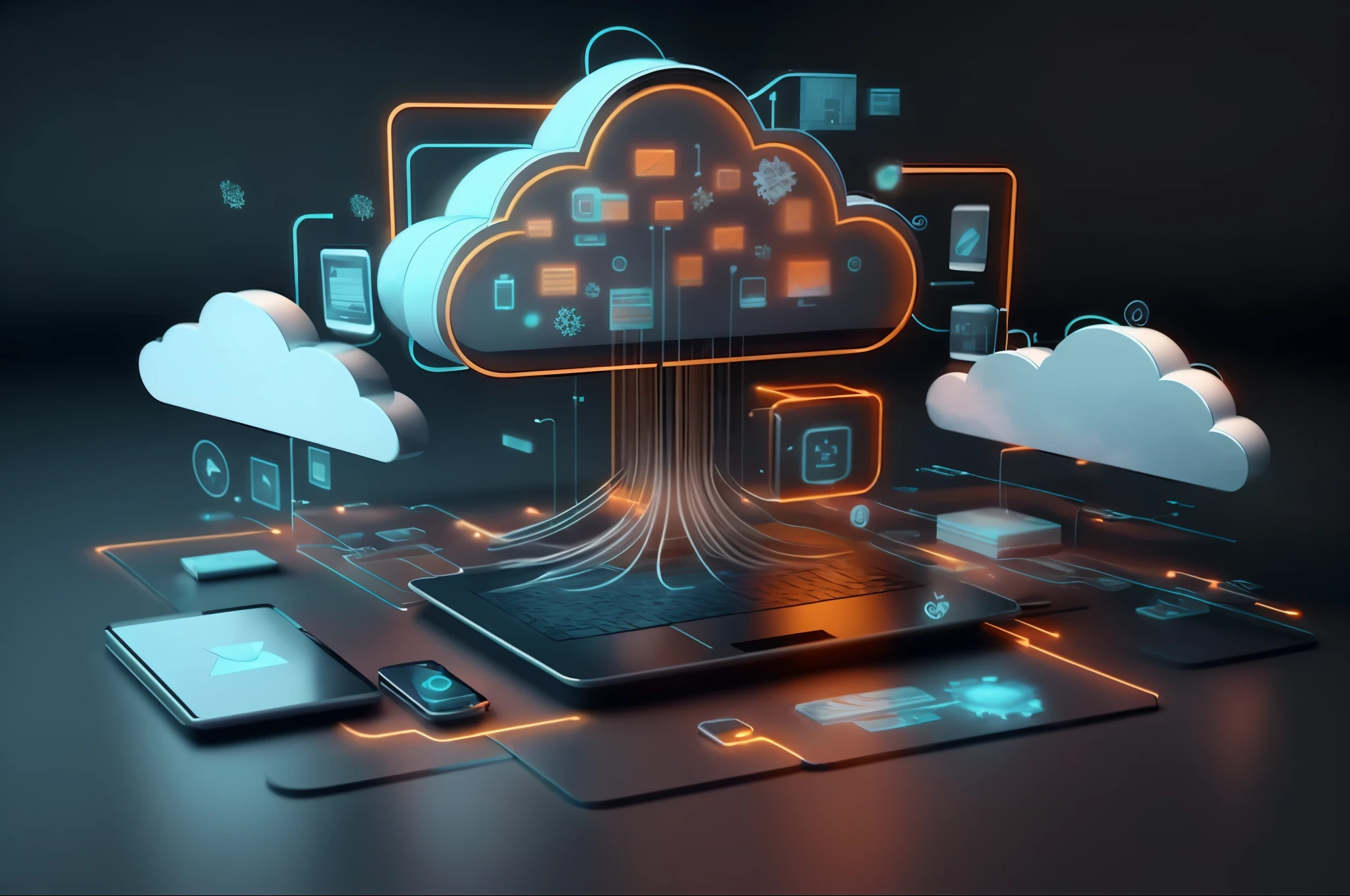 a close up of a laptop with a cloud on top of it, cloud storage, cloud server, computers and holograms, take control of your data, technologies, a computer rendering, cloud, cloudpunk, the encrypted metaverse, centralized, otherworldly technology, in style of photogrammetry cloud, stylized, stunning visual, stylized illustration,(ch)