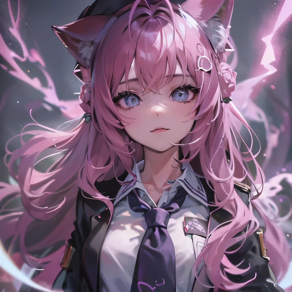 (masterpiece), 8k cg, stunningly beautiful girl, intricate details, chromatic aberration, ((bust shot)), ((looking at viewer)), 1girl, Hakui Koyori, (long hair, (pink hair), animal ears,lab coat, collared shirt, pink tie, mercenary, black skirt), Blue Eyes, extremely beautiful and delicate portrait, confident smile, chains, black smoke, purple lightning, magic sfx, large shadow figure behind, absurdres, cinematic lighting, dynamic lighting, fantasy, ((dark background, fog))
