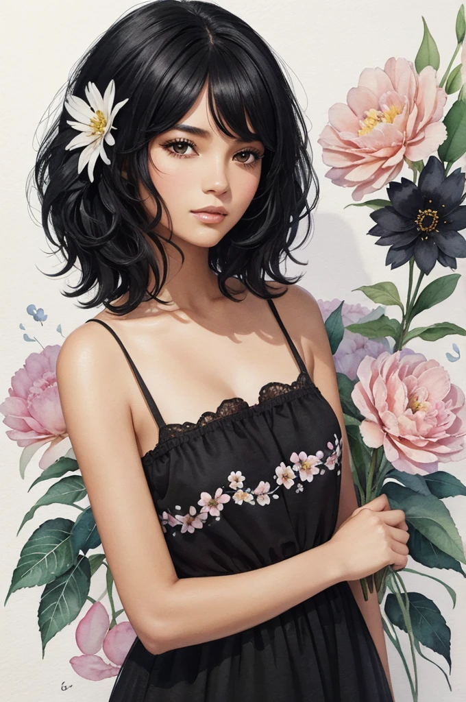black woman, straight black hair, with flowers, in watercolor for women's day, delicate drawing, with soft colors.