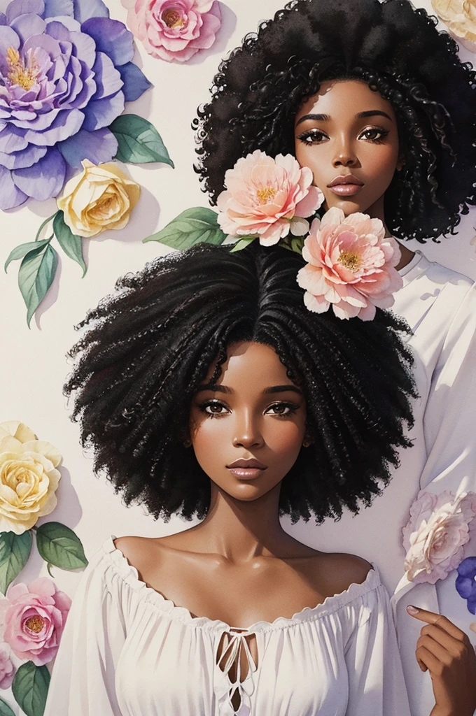 black woman, straight afro black hair, with flowers, in watercolor for women's day, delicate drawing, with soft colors.