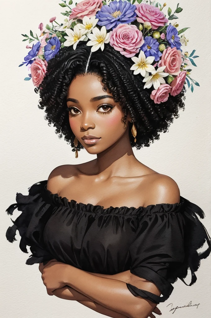 black woman, straight afro black hair, with flowers, in watercolor for women's day, delicate drawing, with soft colors.