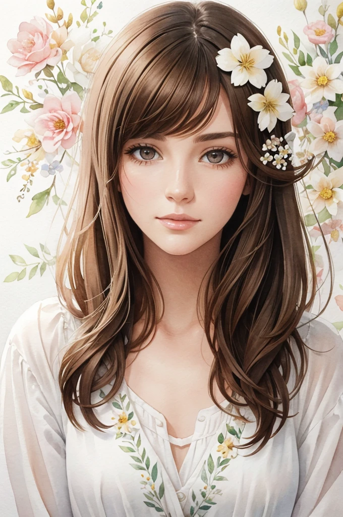 white woman, straight brown hair, with flowers, in watercolor for women's day, delicate drawing, with soft colors.