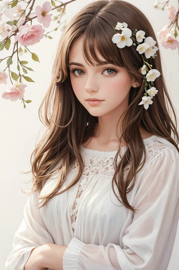 white woman, straight brown hair, with flowers, in watercolor for women's day, delicate drawing, with soft colors.