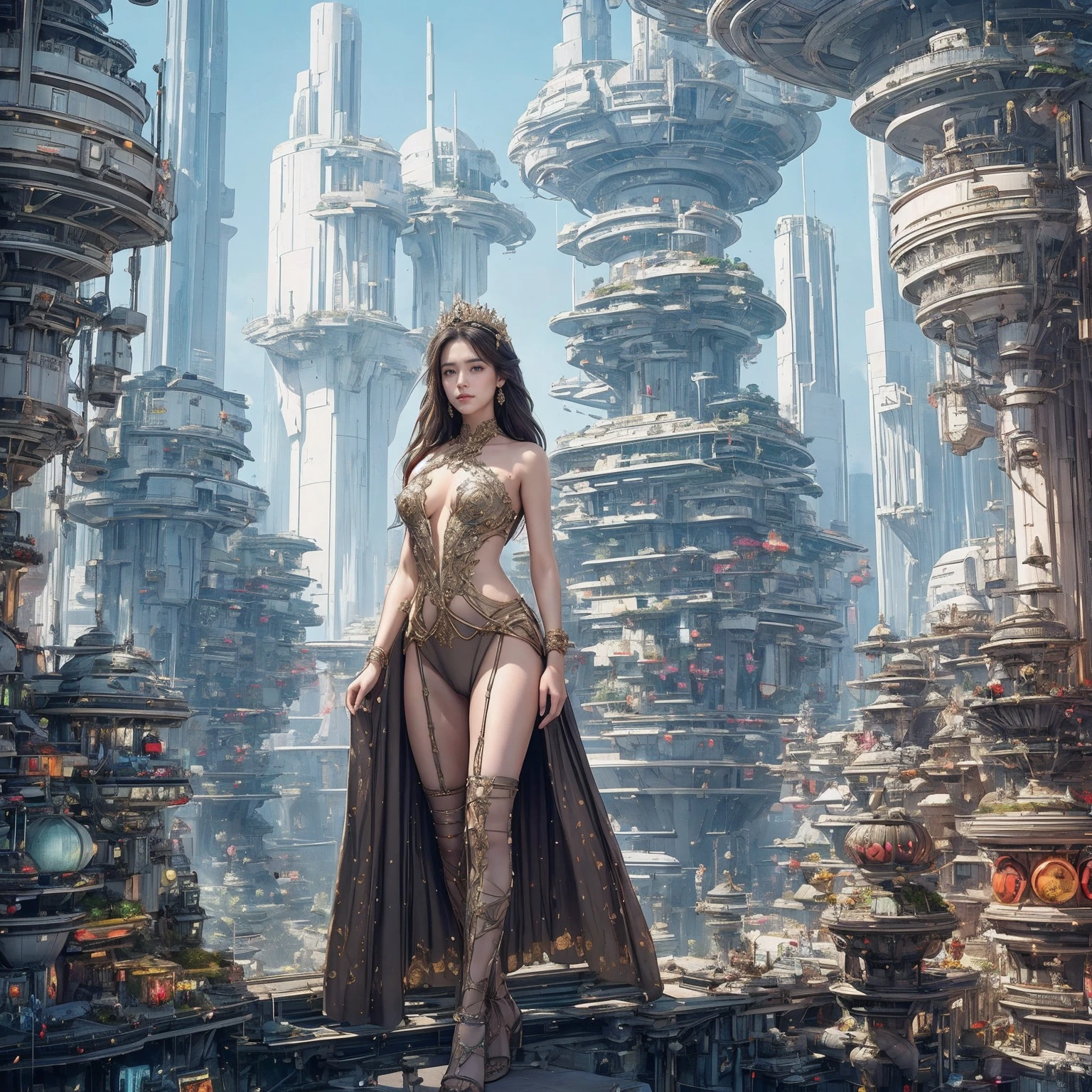 1 character, Ultra realistic 16K CG, masterpiece, Best Composition, Photo quality, work of art, full length portrait, Character incredibly beautiful girl., Incredibly beautiful face, very detailed face, Detailed eyes, detailed hair, correct anatomy, bride, princess, Against the backdrop of a futuristic city, The capital of the Star Wars empire in the style of John Lucas, Incredible skyscrapers in the background. naked, flowers, Crown of their flowers and diamonds, high detail, Lots of elements, Flowers in containers, Creepers on the walls, gilding on structures, neon lights, evening, Twilight, futuristic display, Hologram, night, fantasy advertising lights, Street, flying transports, loot cargo ships, cranes, Manipulators.