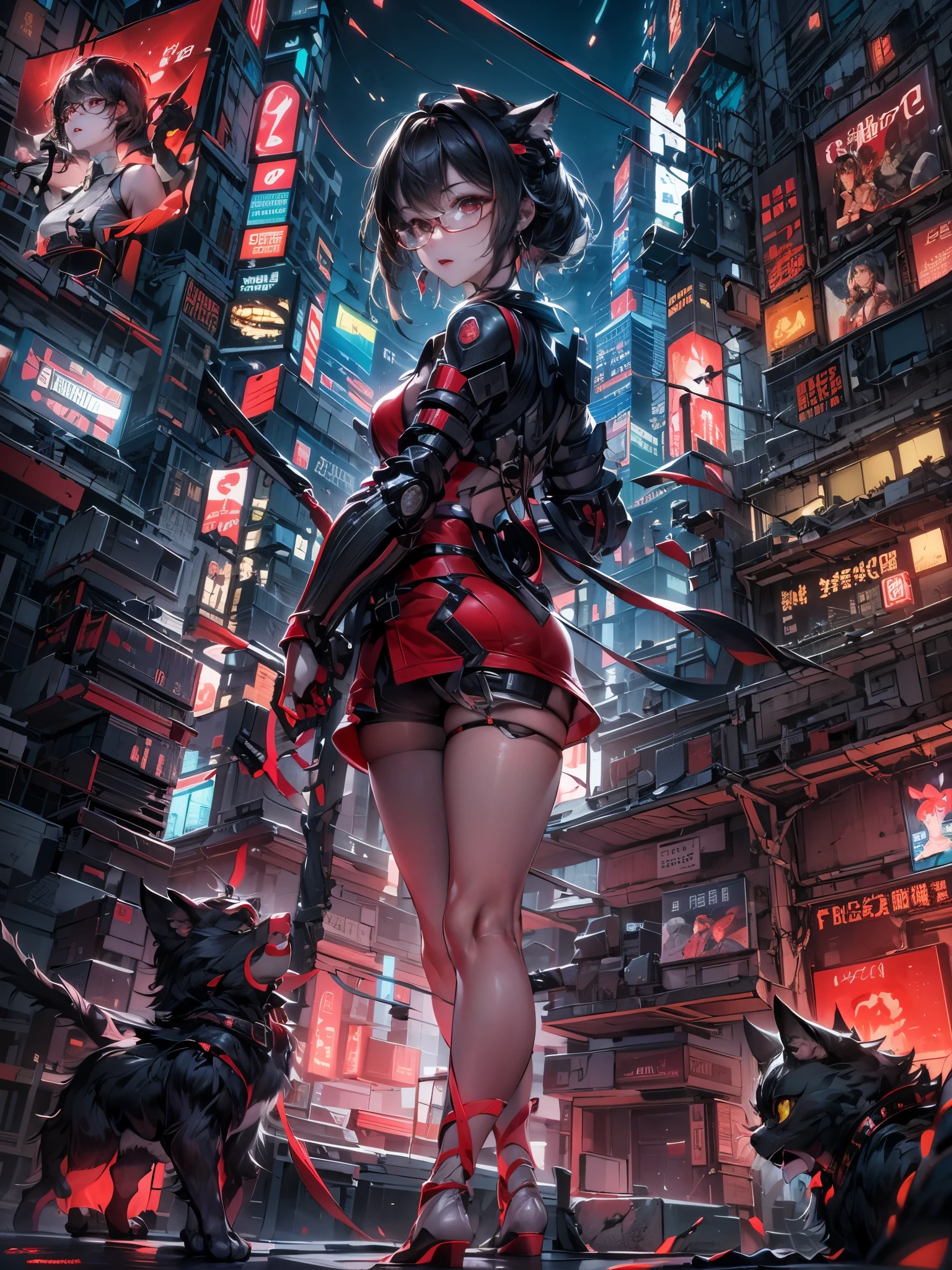 cinematic lighting,super dense skin、Beautiful quality with attention to detail,perfect anatomy,(replace、dim color, pleasant tone:1.3),(Detailed beautiful facial features、black short hair、red eyes、Glasses:1.3)体がメカニックデザインこmonster cat girl、 sly way of laughing(girl with a weapon、highly detailed hands:1.2)Buildings in a big city at night、roof of the building、skyscraper、Equip your weapons(Highly detailed feet:1.3)、dynamism(deep at night、shining moon、beautiful night:1.5)monster cat girl、whole body