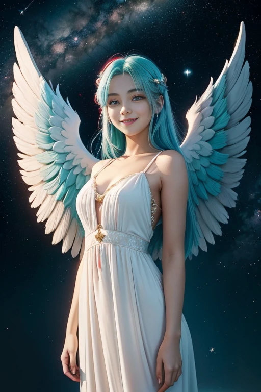 a girl,a girl with teal hair,a girl with teal hair and red eyes,a girl with teal hair and red eyes smiling,a girl with teal hair and red eyes smiling beautifully,a girl with teal hair and red eyes smiling beautifully with angel wings,a girl with teal hair and red eyes smiling beautifully with angel wings and a golden halo,a girl with teal hair and red eyes smiling beautifully with angel wings and a golden halo wearing a white dress,a girl with teal hair and red eyes smiling beautifully with angel wings and a golden halo wearing a white dress,standing upright,a girl with teal hair and red eyes smiling beautifully with angel wings and a golden halo wearing a white dress,standing upright,in outer space,a girl with teal hair and red eyes smiling beautifully with angel wings and a golden halo wearing a white dress,standing upright,in outer space,with the Milky Way in the background,a girl with teal hair and red eyes smiling beautifully with angel wings and a golden halo wearing a white dress,standing upright,in outer space,with the Milky Way in the background,and stars in the distance (best quality,4k,8k,highres,masterpiece:1.2),ultra-detailed,realistic:1.37