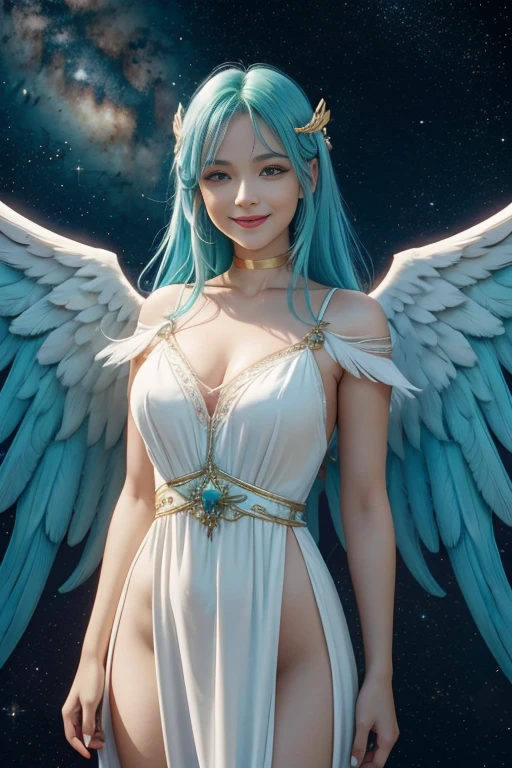 a girl,a girl with teal hair,a girl with teal hair and red eyes,a girl with teal hair and red eyes smiling,a girl with teal hair and red eyes smiling beautifully,a girl with teal hair and red eyes smiling beautifully with angel wings,a girl with teal hair and red eyes smiling beautifully with angel wings and a golden halo,a girl with teal hair and red eyes smiling beautifully with angel wings and a golden halo wearing a white dress,a girl with teal hair and red eyes smiling beautifully with angel wings and a golden halo wearing a white dress,standing upright,a girl with teal hair and red eyes smiling beautifully with angel wings and a golden halo wearing a white dress,standing upright,in outer space,a girl with teal hair and red eyes smiling beautifully with angel wings and a golden halo wearing a white dress,standing upright,in outer space,with the Milky Way in the background,a girl with teal hair and red eyes smiling beautifully with angel wings and a golden halo wearing a white dress,standing upright,in outer space,with the Milky Way in the background,and stars in the distance (best quality,4k,8k,highres,masterpiece:1.2),ultra-detailed,realistic:1.37