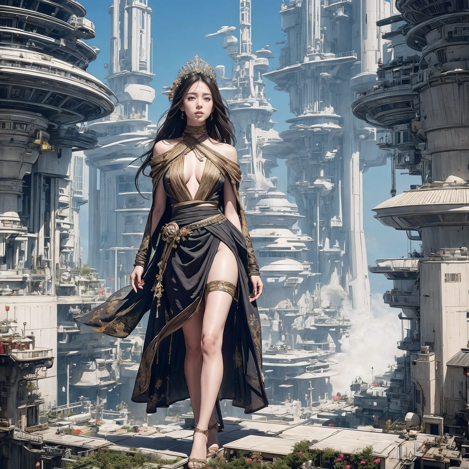 1 character, Ultra realistic 16K CG, masterpiece, Best Composition, Photo quality, photographic portrait, computer graphics, landscape, work of art, full length portrait, Character incredibly beautiful girl., Incredibly beautiful face, very detailed face, Detailed eyes, detailed hair, correct anatomy, bride, princess, Against the backdrop of a futuristic city, The capital of the Star Wars empire in the style of John Lucas, Incredible skyscrapers in the background. naked, flowers, Crown of their flowers and diamonds, high detail, Lots of elements, Flowers in containers, Creepers on the walls, gilding on structures, neon lights, evening, Twilight, futuristic display, Hologram, night, fantasy advertising lights, Street, flying transports, loot cargo ships, cranes, Manipulators.