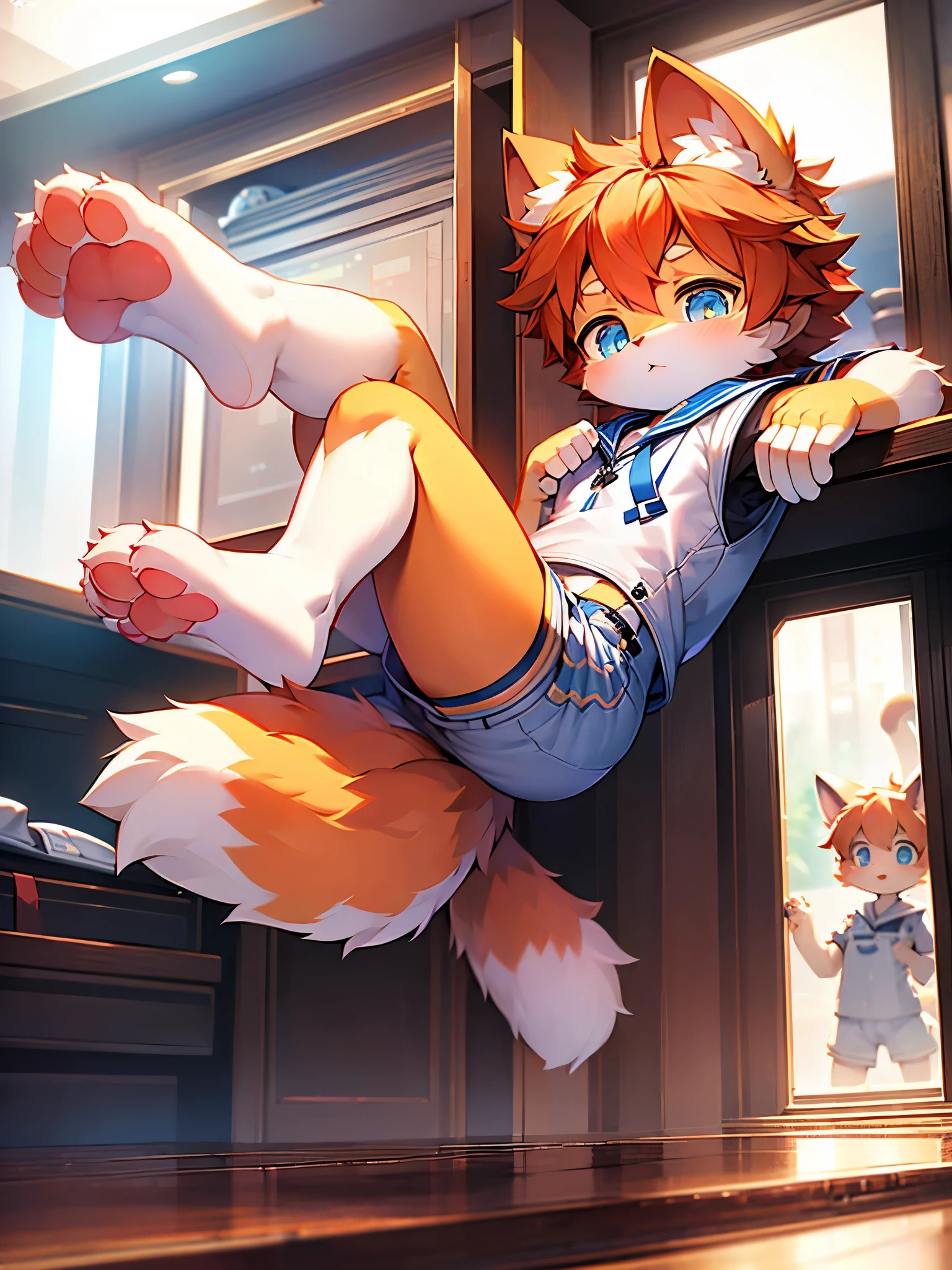 blue pupils, The body is hairy, light furry tail, Boy cat，masculine characteristics，very cute，orange hair，P station popular styles，A cute character with long plush legs，White women&#39;s miniskirt，Sailor suit，3D feeling is very strong， cute feet，Delicate little paws