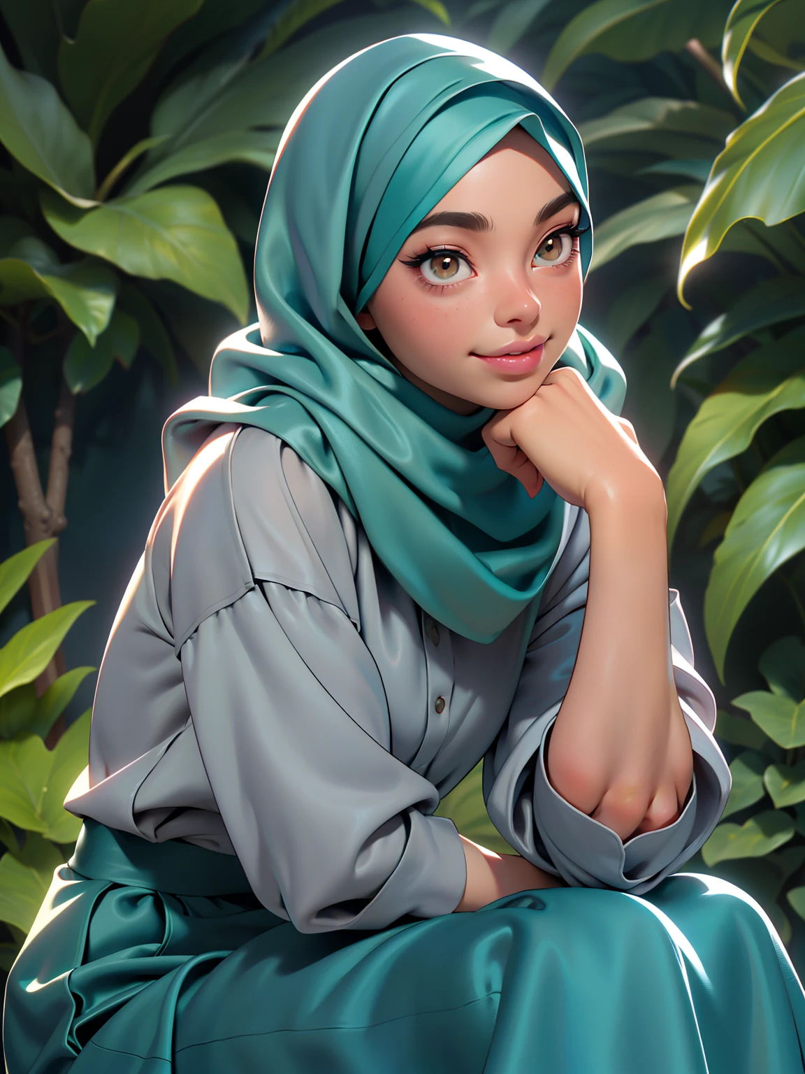 3dmm style, ((Masterpiece, best quality, photography, detailed skin, realistic, photo-realistic, 3D Character Design, pixar, real cartoon, High detail RAW colour art, diffused soft lighting, shallow depth of field, sharp focus, hyperrealism, cinematic lighting)), ((close up)) view, a Turkish lady, beautifully makeup, eyeshadow, Parted Lips, Detailed Eyes, ((Big brown eyes)), long eye lashes, dimples on the cheeks, smile, wearing ((Teal satin hijab)), loosely tide hijab style, ((gray satin shirt and satin long skirt)), (Close-up portrait), Front view, Symmetric Centre, facing the viewer, sitting on grass, autumn garden.