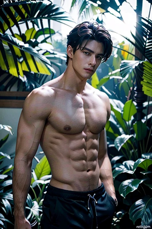 (best quality,4k,8k,highres,masterpiece:1.2),ultra-detailed,(realistic,photorealistic,photo-realistic:1.37),A man in his twenties,fit slim muscular body,dark brown hair,blue eyes,no top clothes,handsome face,strong jawline,defined cheekbones,perfectly groomed eyebrows,faint five o'clock shadow,confident expression,standing in a lush green garden surrounded by colorful blooming flowers and tall trees,vibrant sunlight streaming through the leaves,creating a natural spotlight on the man,casting a warm golden glow on his skin,gently tousled hair,feeling a soft breeze brushing against his bare chest,exuding a sense of strength and sensuality,showing off his toned physique and athleticism,creating a captivating contrast with the tranquil and serene environment,emphasizing his connection with nature,while his piercing blue eyes shine with determination and ambition,reflecting his youthful energy and sense of purpose,seemingly lost in deep thoughts,as if pondering his next move or contemplating the mysteries of life.