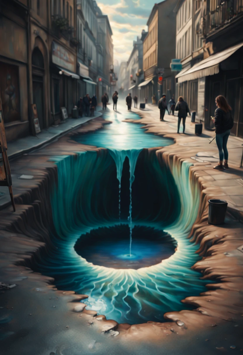 a street artist has painted a completely realistic hole full of water in the middle of a street, the artist with chalk in hand is kneeling beside it. Epic cinematic brilliant stunning intricate meticulously detailed dramatic atmospheric maximalist digital matte painting.