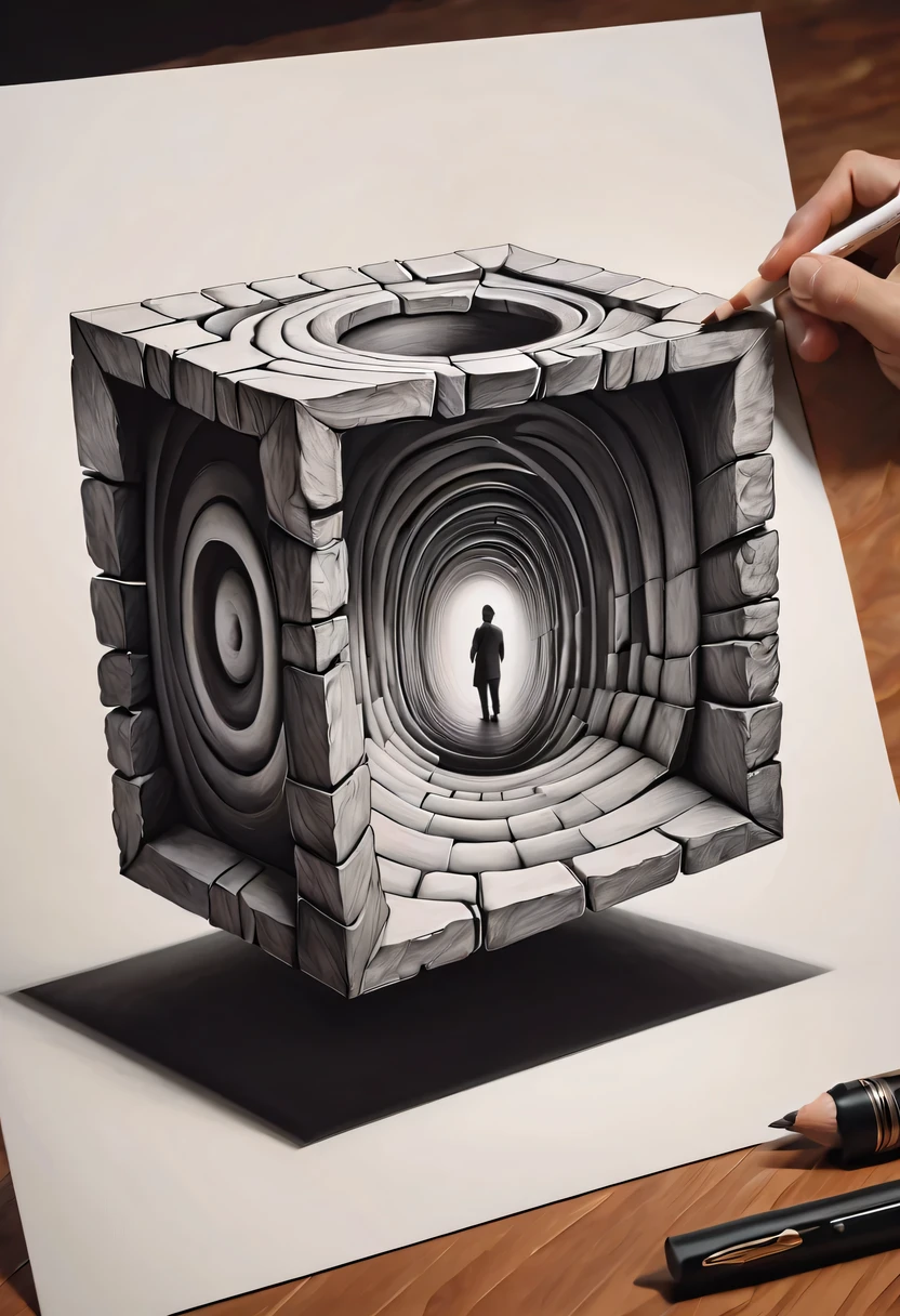 (Optical illusion art:1.3),Draw a three-dimensional diagram on a square piece of paper,3D artwork,Surrealism,The details are impeccable,Drawing with charcoal,