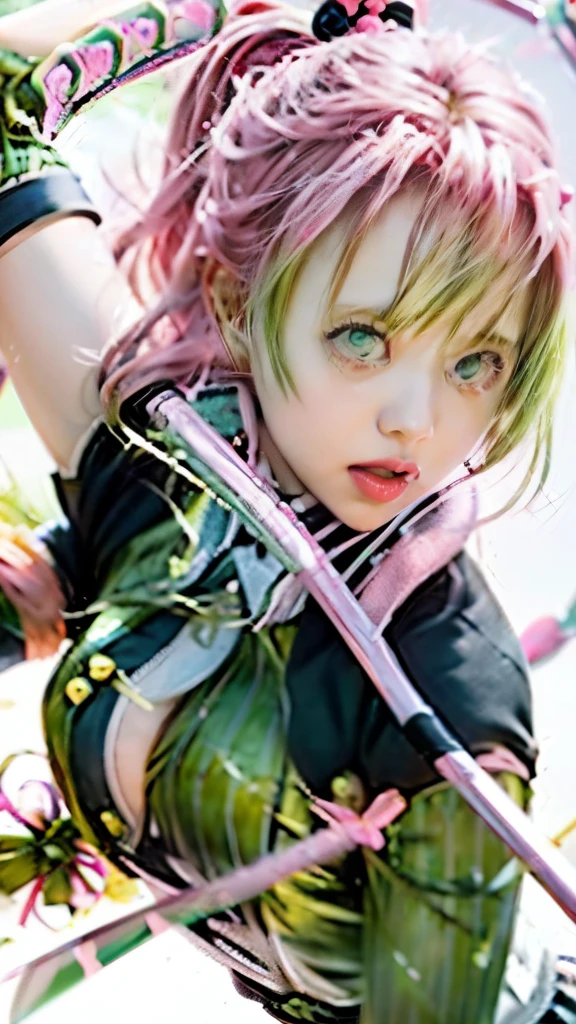 anime girl with pink hair and green pants holding a pink umbrella, demon slayer rui fanart, demon slayer artstyle, haruno sakura, anime cover, anime girl with a bow and arrow, clean detailed anime art, full color manga visual style, cushart, by Eizan Kikukawa, colored manga art, by Kentaro Miura, cushart kenz