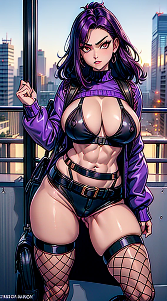 1990s, (masterpiece), high-definition, detailed face, korean girl, abs, (big tits: 1.4) big hips, messy dark purple hair, orange eyes, crop top sweater, jacket, shorts, belt, (thong: 1.2), thigh high stockings, boots, fishnet, balcony, leaning on the railing, (messenger bag: 1.3), sunset