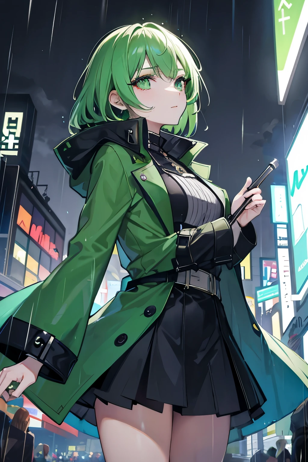 1girl, with vibrant makeup, in a night city covered in heavy rain, wearing an elegant green coat, looking up with a confident expression.