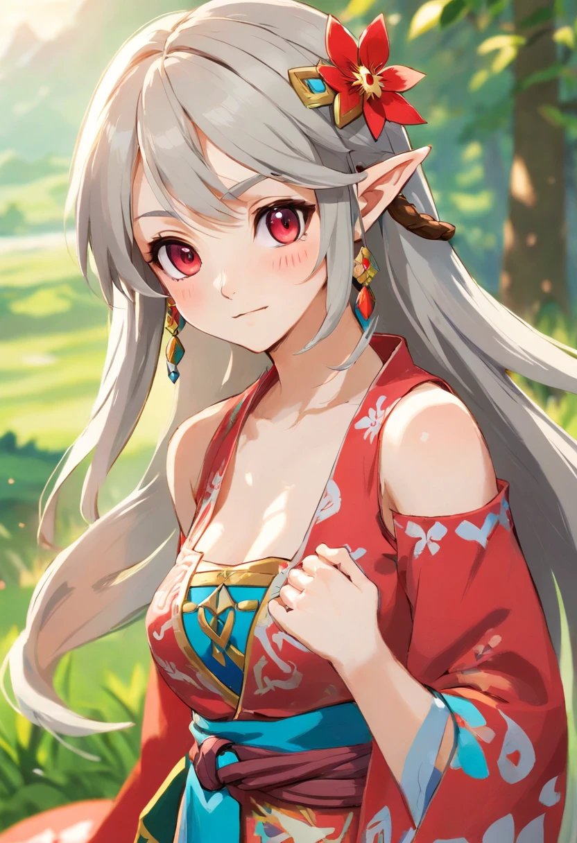 legend of zelda、breath of the wild、very cute and beautiful girl、big breasts、thin waist、perfect style、girl with long silver hair(seeker tribe)、red eyes、pointed ears、kimono、Kunoichi