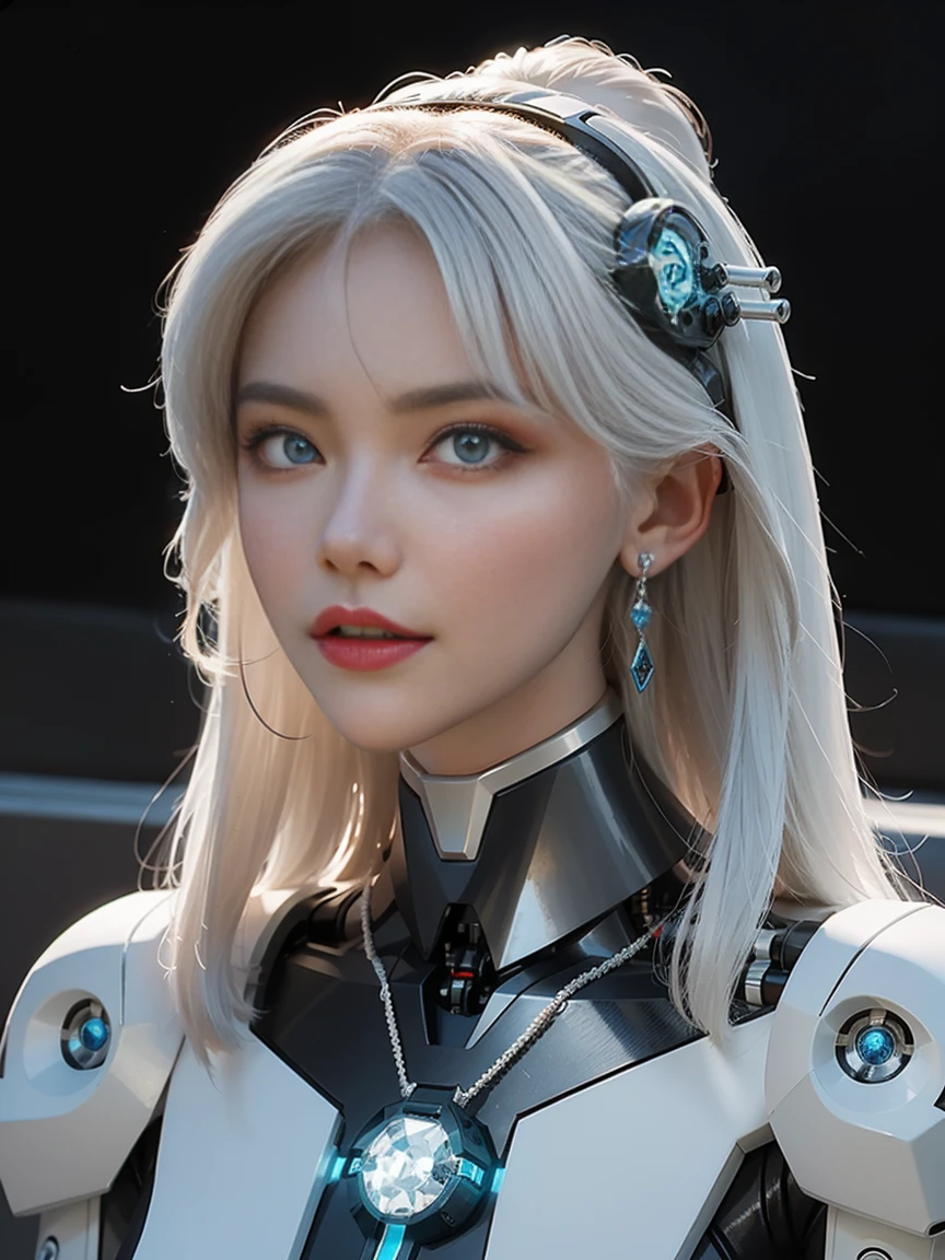 Elegant hair,1girl,solo,close-detail,portraitMechanical Headwear,Look up the lens,white hair,long hair,whole body,mechanical arm,(glow:1.2),earrings,looking at viewer,mechanical necklace,Positive symmetrical composition,blue eyes,Robot Background,Diamond,The background of the huge light engine,mechanical leg,.