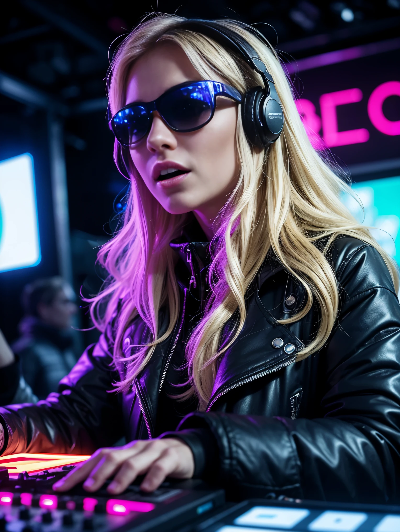 One ultra hot European gorgeous woman, age 23, blonde wavy hair. small sunglasses, full size headphones, dark New Year's outside rave party,DJ working at DJ booth, in a snowy village.neon cyberpunk at night, coordinator neon glow, ultra-detailed, photo-realistic:1.37), portraits, (vivid colors), rave lighting, energetic, enthusiastic, excited, expressive. Winter starry night. Masterpiece. Northern lights, laser light, led lights