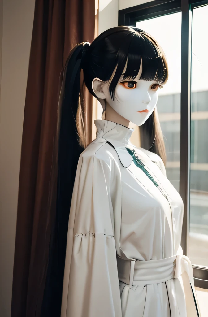 全身mannequinが窓の前でディープキス,そのmannequinは美しいです,あのmannequinは20歳です,mannequinの身長は165cmです,mannequinの色'my face is white.,mannequinの色'The body is pure white.,mannequin has black hair( twin tails,bangs),mannequin has a long, thin face.,,mannequin'eyes are black.mannequin is wearing a coat.