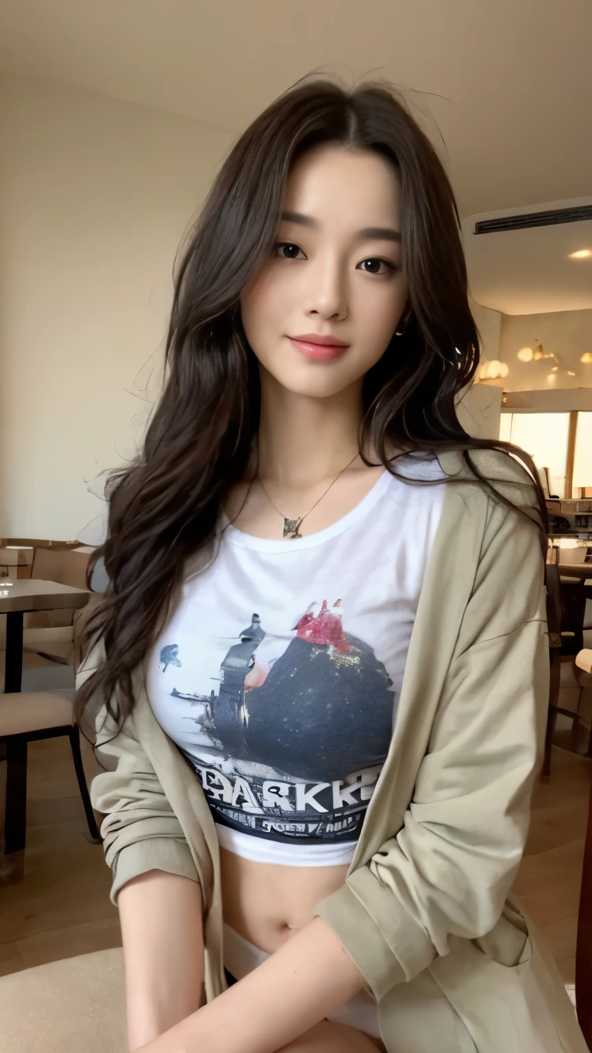 ((top-quality、8k、​masterpiece:1.3))、Beautiful woman with perfect body:1.4、slim abdomen:1.2、Longhair, normal breast, Highly detailed facial and skin texture, A detailed eye, (smile), (full body shot), ((restaurant)), (sitting on chair), (((wearing t-shirt with jacket)), looking in front,