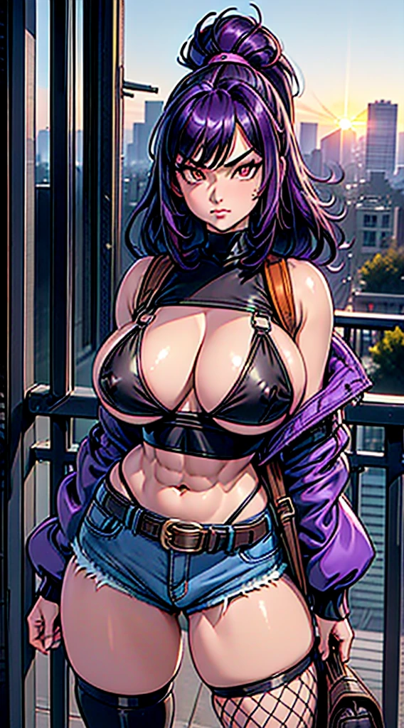 1990s, (masterpiece), high-definition, detailed face, korean girl, abs, (big tits: 1.4) big hips, messy dark purple hair, orange eyes, crop top sweater, jacket, shorts, belt, (thong: 1.2), thigh high stockings, boots, fishnet, balcony, leaning on the railing, (messenger bag: 1.3), sunset
