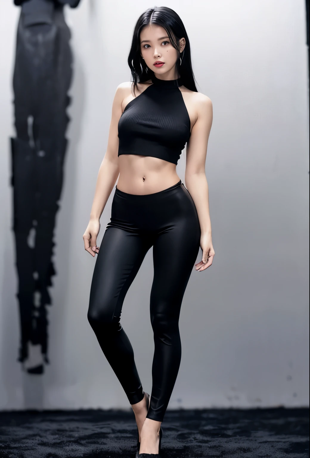a woman in a black top and black leggings poses for a photo, black leggings, jet black leggins, leggings, black leggins, thin-waist, slim waist, thin waist, fit dainty figure, slim figure, wearing black tight clothing, black pants, energetic varia suit, matte black pants, full body full height, slender waist, black spandex