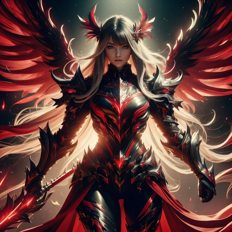 top-quality, ​masterpiece , Realistic details, Realistic light, neon details, cosmic

full body portrait, long sexy lady, 

1 Girl, 

red and black tech sexy suit armor, 
pantyhose, 

beautiful shining real face, 

long white hair, floating windy hair, 

fur-lined cape, 
tech big black wings with red burning feather,
