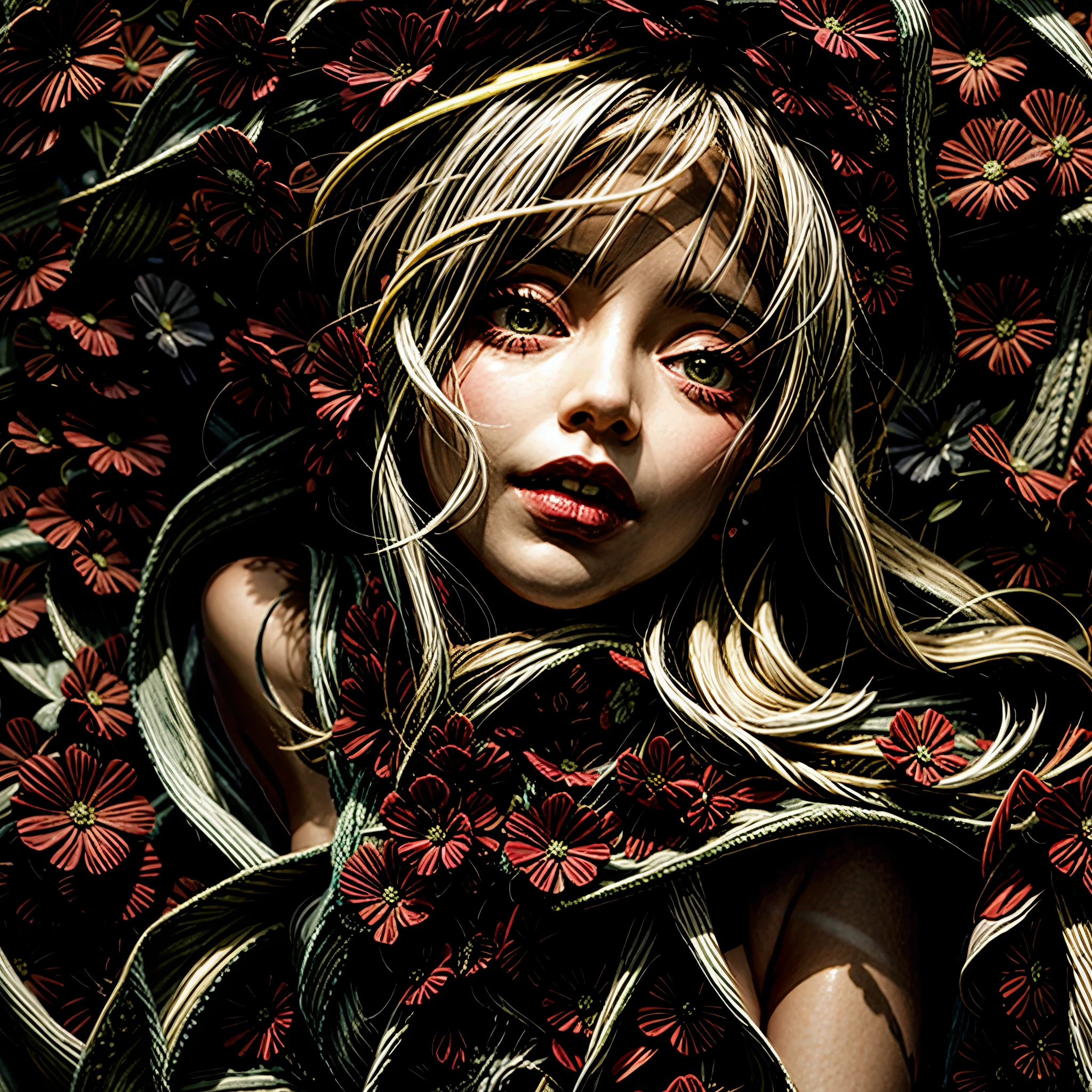 Sexy girl in ((WHITE)) and Delicate lace underwear, with Glossy RED lips, (Exposed:1.2), (nipple:-0.9), { closeup of Cute lips | Dynamic-angle }, ((Dazzling stained glass Background)), (( colorful Light shines through stunning elaborate stained glass:1.2)), vivid Red colors . ((Acutance:0.8, physically-based rendering)), (masterpiece:1.2), (ultra-detailed:1.35), (realistic, photorealistic, ((photo-realistic:1.37))with touch of rawness) . ((Renbutsu Misako)), (Extremely detailed KAWAII face variations, with Dynamic expressions), detailed eyes with sparkling highlights, captivating gaze, long eyelashes, subtle blush on the face, rosy cheeks, impeccable oiled ivory skin texture . { full of flowers covering girl's body | Mystic sight | haze | Light Particle | Lens Particle | Lens Flare | Dazzling angle's Halo | Overflowing sideboob } . (((large eyes:-0.8, not Detailed fingers:-0.9))) .