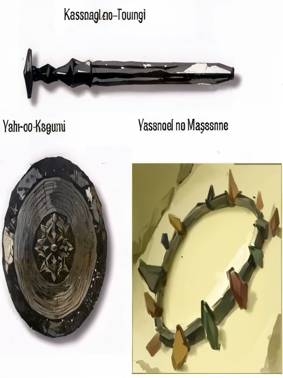 a close up of a metal object with a stone and stone bead, inspired by Sesshū Tōyō, yakisugi, ancient japanese, medieval japan, kiseijuu, hakusensha, inspired by Masamitsu Ōta, inspired by Sōtarō Yasui, masanori warugai