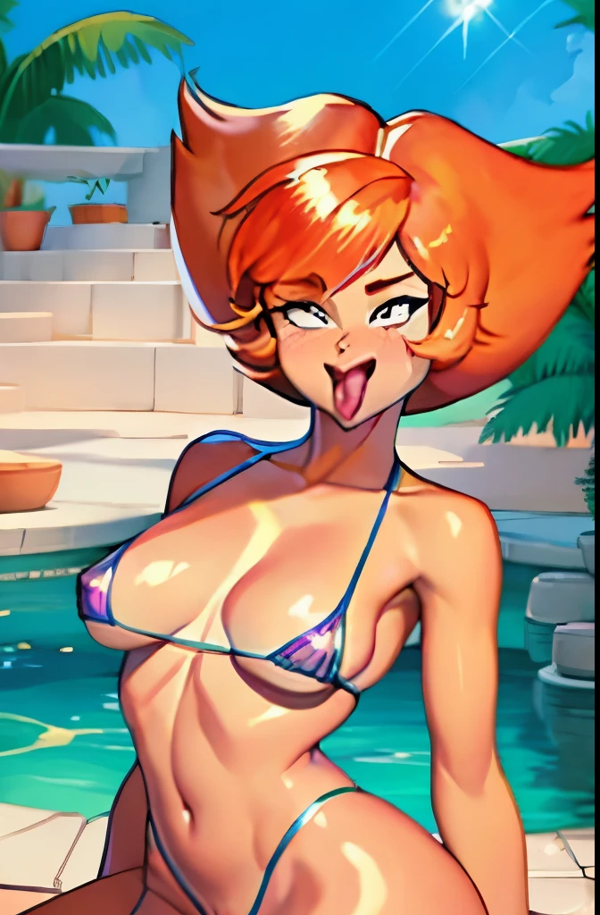 Chica de ojos grandes,, pechos grandes, Hestia ((Solo)) ((solo)), Orange hair, micro bikini, ((hd)),  ((sticking out tongue)), ((shiny skin))