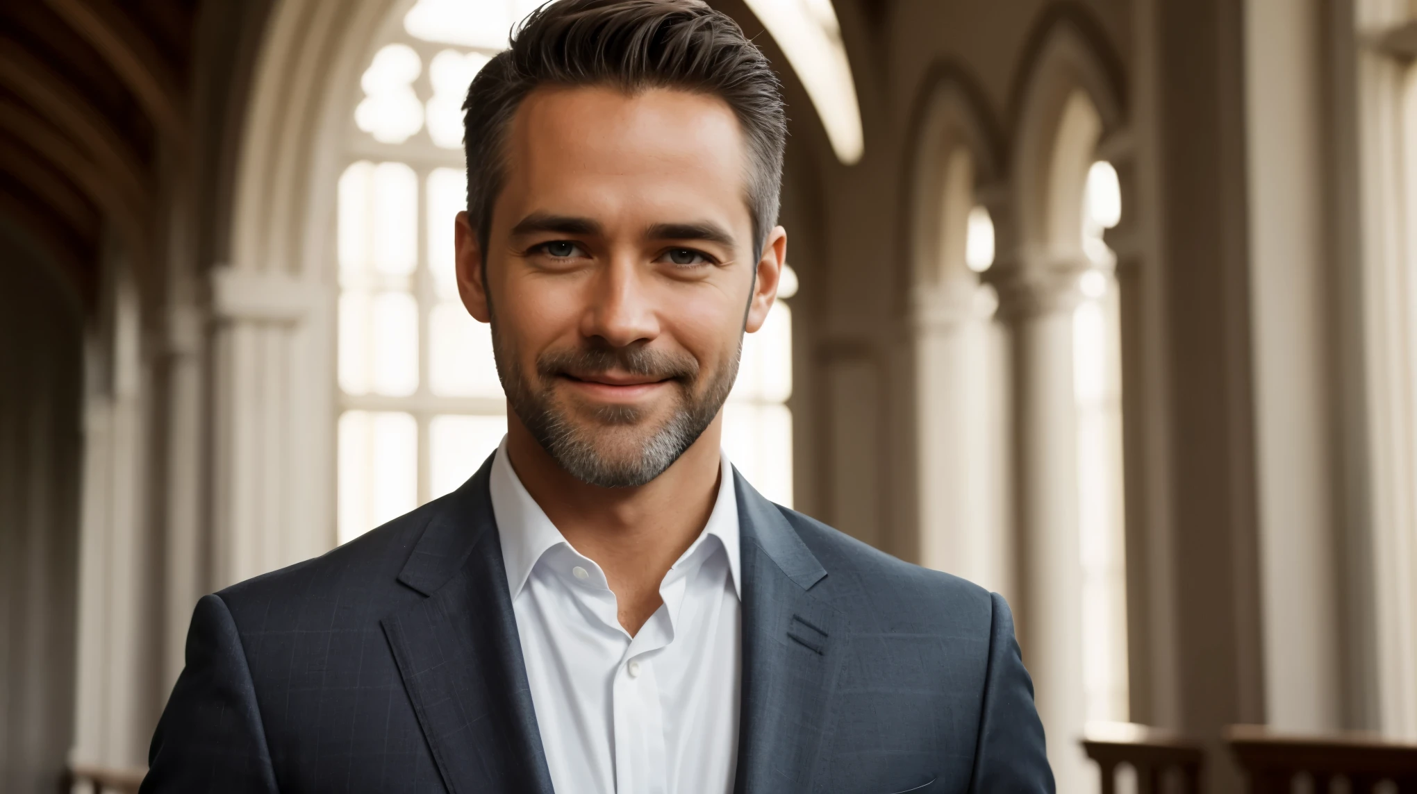 Create actor Jay Harrington as Pastor, smiling and happy, focus on face, Pastor looking at center of image, background image of temple from inside, Pastor, short gray hair, film cover style, short gray beard, wearing suit, focus on body details, cover image, heavenly atmosphere, film photography style, focus on facial details, heavenly atmosphere, cinematic effect, ultra HD, best quality, wearing suit.